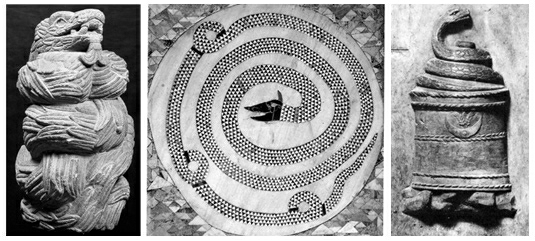 Stočený had: (vlevo) Aztécký had, (uprostřed) Řecký had, (vpravo) košík bohyně Eset / Isis, Řím, 1. století.